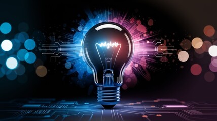 Illustration of a glowing lightbulb symbolizing creativity and innovation, surrounded by an explosion of colors, dynamic particles, and abstract shapes. Generative AI
