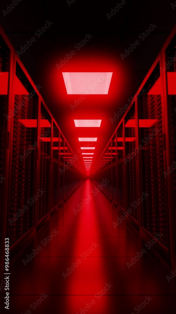 Poster Hacked servers racks in database illuminated with red lights