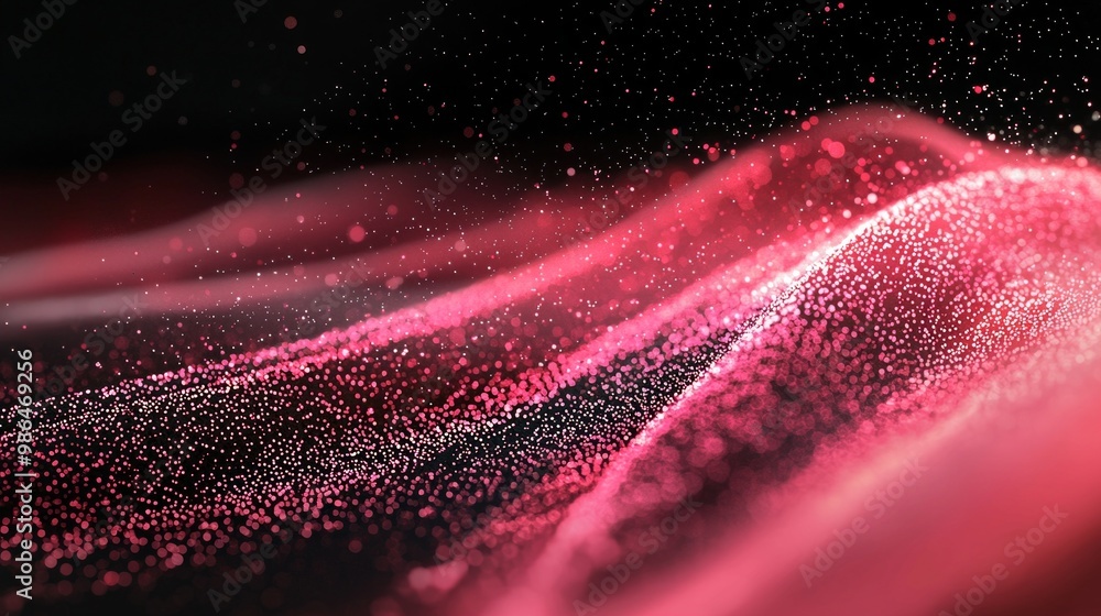 Poster captivating swirl of pink particles dances across a deep black background, radiating a gentle glow. 
