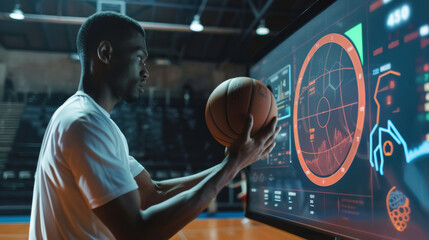 A basketball coach analyzing performance data on an AI driven analytics dashboard, showcasing integration of technology in sports training. focus is on enhancing player skills and strategies