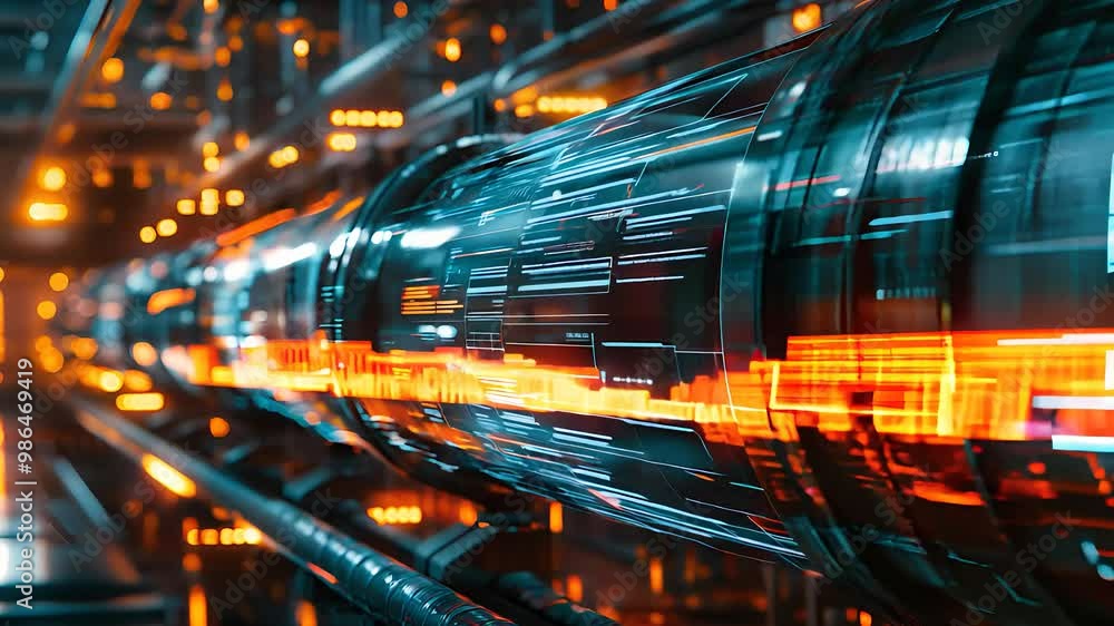 Aufkleber futuristic high-speed data transmission pipeline with glowing orange and blue digital streams in a h