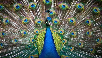 A vibrant peacock with its iridescent tail feathers fully displayed, showcasing a stunning array of colors and patterns.