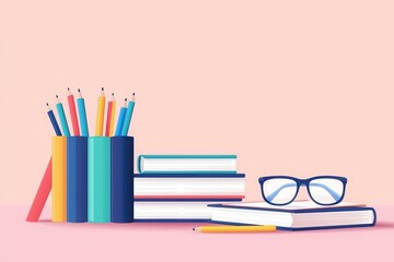 Fototapeta premium Colorful stationery and books on a pastel background, perfect for educational themes.