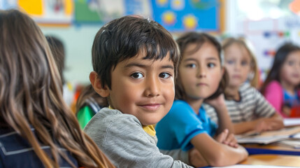 A classroom where children from various cultural backgrounds engage in learning, showcasing diversity and curiosity. atmosphere is vibrant and filled with youthful energy