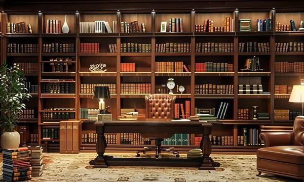 A large room with a desk and a chair, and a large bookcase filled with books 4K Video