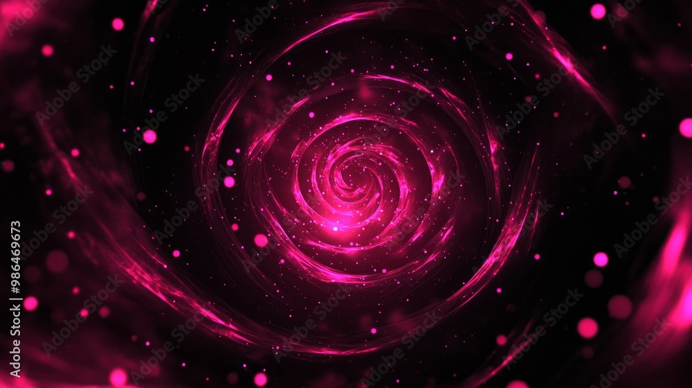 Poster clusters of pink dots create a mesmerizing swirling pattern, softly illuminating the dark backdrop. 