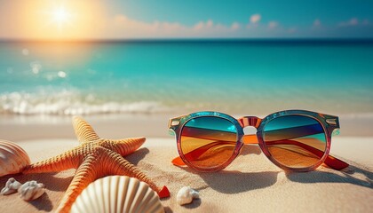 A vibrant summer scene with sunglasses, seashells, and a starfish on a sandy beach with turquoise ocean in the background.