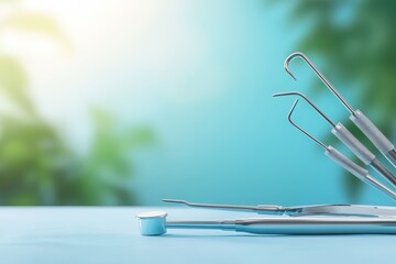 Dental tools arranged on a table with a soft-focus background of greenery.