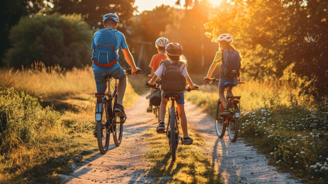 A family biking to school and work, promoting healthy lifestyles in beautiful sunset setting. warm light enhances joyful atmosphere of outdoor activity - Powered by Adobe
