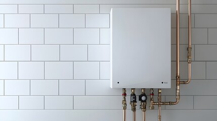 A modern heating boiler is mounted on the wall in an out-of-focus home, with copper pipes and tiles