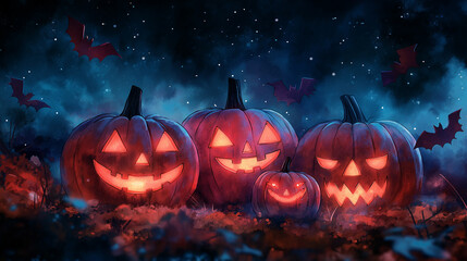 Fototapeta premium Watercolor Neon colored Illustration Artwork Creative Pumpkin Halloween Wallpaper Background