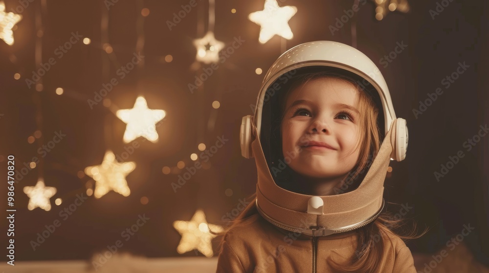 Poster adventurous kid in space helmet on dark background generative ai