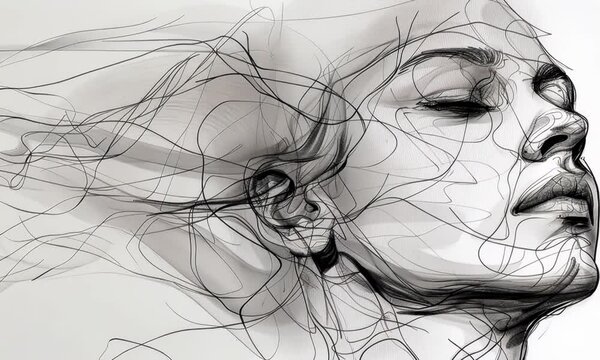 A woman's face is drawn in black and white with a lot of lines 4K Video