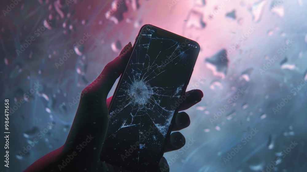 Poster broken smartphone on light background generative ai