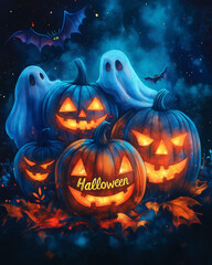 Fototapeta premium Watercolor Neon colored Illustration Artwork Creative Pumpkin Halloween Wallpaper Background