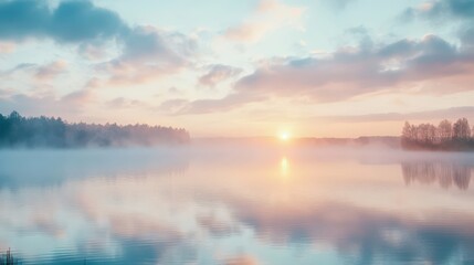 Serene Sunrise Over Misty Lake