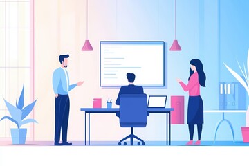 Fototapeta premium Team collaboration in a modern office with a laptop and a presentation board.