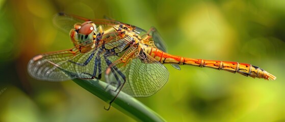 Colorful Dragonfly Perched on Green Leaf