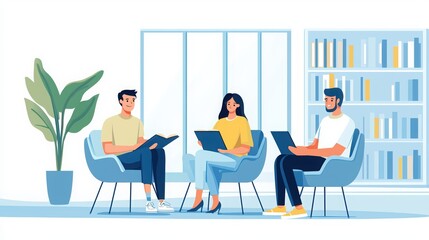 Three people sitting in a modern library, engaged in reading and discussion, with bookshelves in the background.