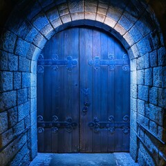 A weathered wooden door set in a stone archway, bathed in an eerie blue light. The door is heavy,...