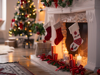 A cozy festive holiday scene featuring beautifully decorated fireplace adorned with colorful stockings, candles, and Christmas tree in background, creating warm and inviting atmosphere