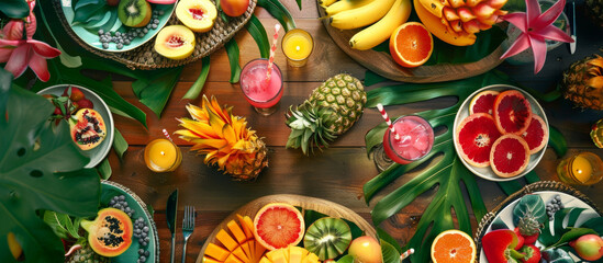 Fototapeta premium A vibrant tropical luau table is beautifully arranged with an array of fresh fruits, colorful drinks, and decorative elements, creating festive atmosphere