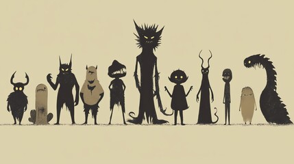 A lineup of diverse, creative monster silhouettes in various shapes and sizes on a neutral background. Great for Halloween and fantasy themes.
