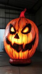 A large illuminated pumpkin with a sinister face, perfect for Halloween decoration. Bright, festive, and spooky indoor decor.