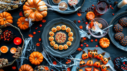 A vibrant Halloween party table is adorned with spooky treats, including decorated cookies, pumpkins, and festive candies, creating fun and festive atmosphere
