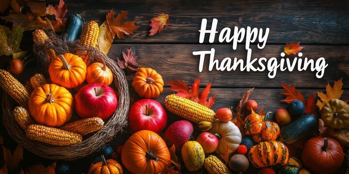 Thanksgiving pumpkins with fruits and falling leaves
