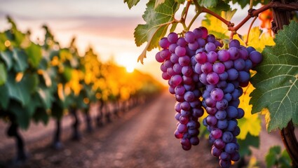 Naklejka premium Purple grapes hanging in vineyard at sunset