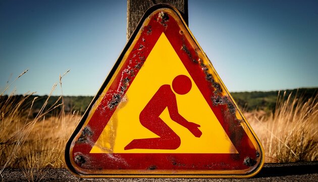 A weathered yellow triangle warning sign with a red figure kneeling inside. The sign is worn and has a rustic look.