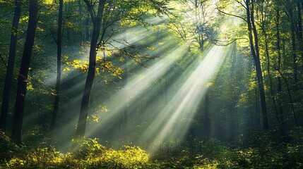 Sunbeams Piercing Through a Foggy Forest