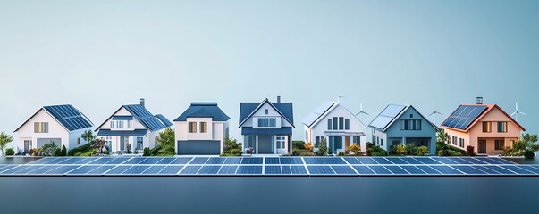 Colorful row of modern houses with solar panels