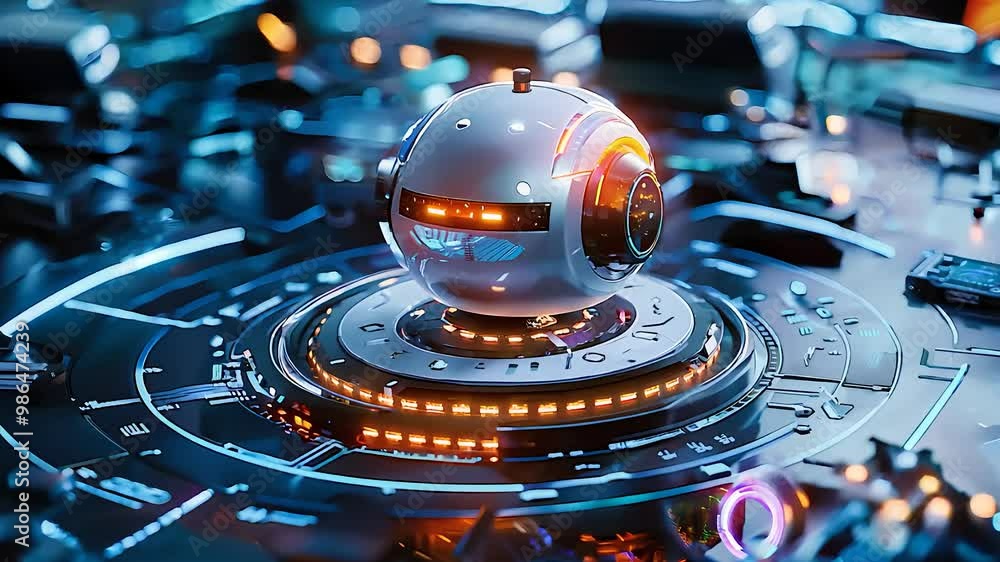Poster futuristic robotic sphere with glowing lights and advanced technology components in a high-tech digi