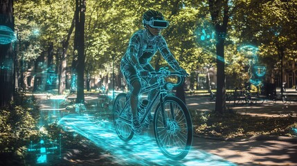 Cyclist with digital overlays in green park