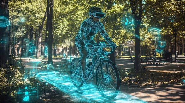 Cyclist with digital overlays in green park - Powered by Adobe