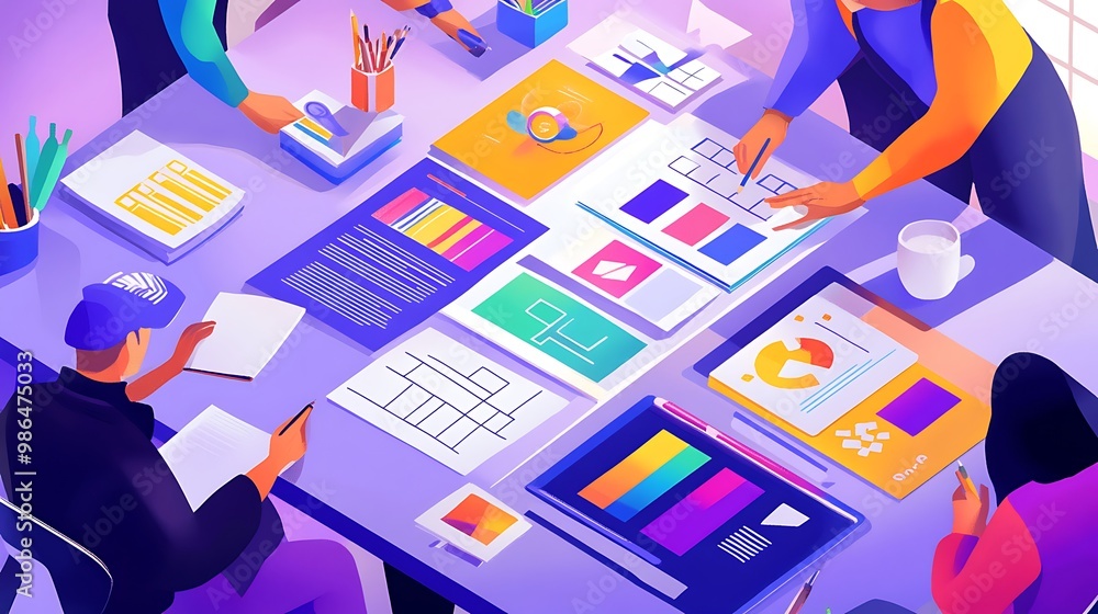 Poster a team collaborating on a design project around a table with colorful papers and digital devices.
