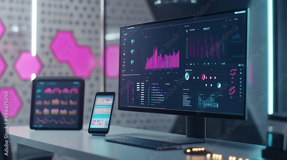 Poster futuristic workspace with data analytics on a large desktop monitor and tablet