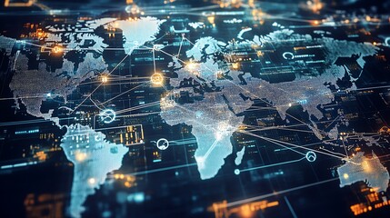 Digital world map with network connections