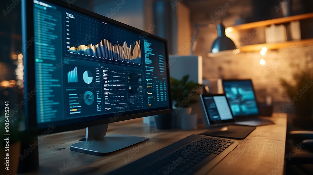 Poster desktop computer displaying financial data and charts