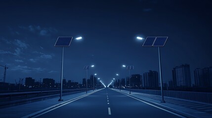 Empty road illuminated by solar street lamps