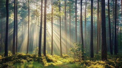 Sunbeams Illuminating a Misty Pine Forest