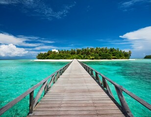 A wooden walkway leads to a tropical island with crystal clear turquoise water and lush green foliage. The blue sky is dotted with fluffy white clouds.