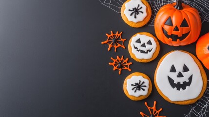 Halloween Festivities Banner, vibrant flat-lay design featuring whimsical costume props, pumpkin cookies, spooky spider webs, ideal for festive promotions and announcements