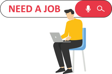 Young businessman looking for a for job. Need a job on the search bar online. Flat vector illustration.

