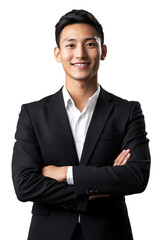A Mongolian businessman in a black suit. Isolated and transparent