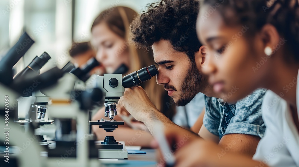Poster student examining a sample under a microscope in a science lab