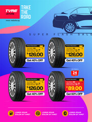 Tyre Sales. Car Tyres Promotion Banner Realistic Tyres. Hot Price. 