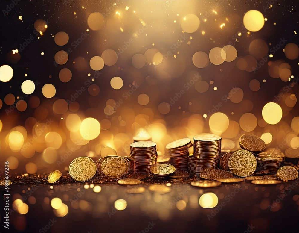Poster abstract background with bokeh lights and gold coins.